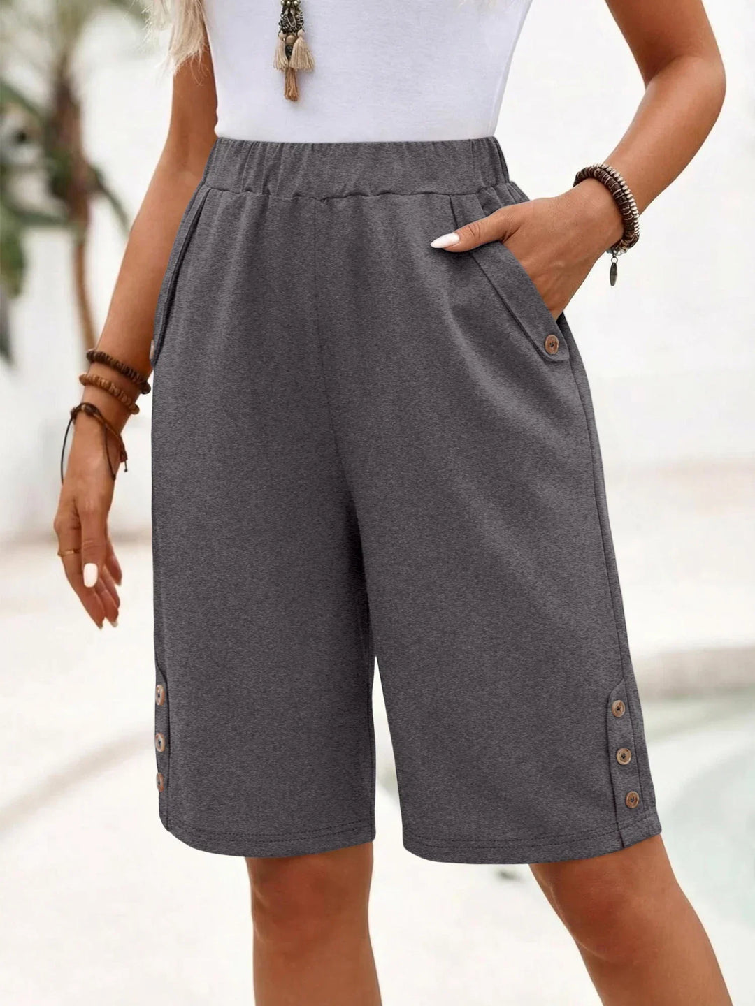 Effortless Button Trim Bermuda Shorts for Women with Elastic Waist Relaxed Pocket Casual Style