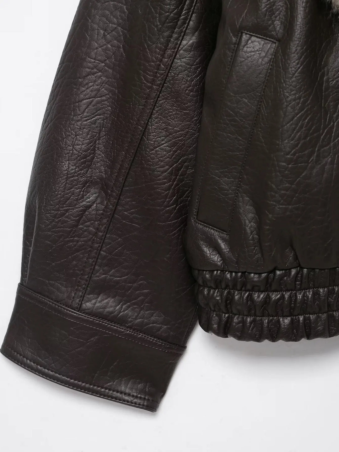 Elegant Faux Fur Collar Leather Jacket for Women with Long Sleeve Oversized Snap Button Style