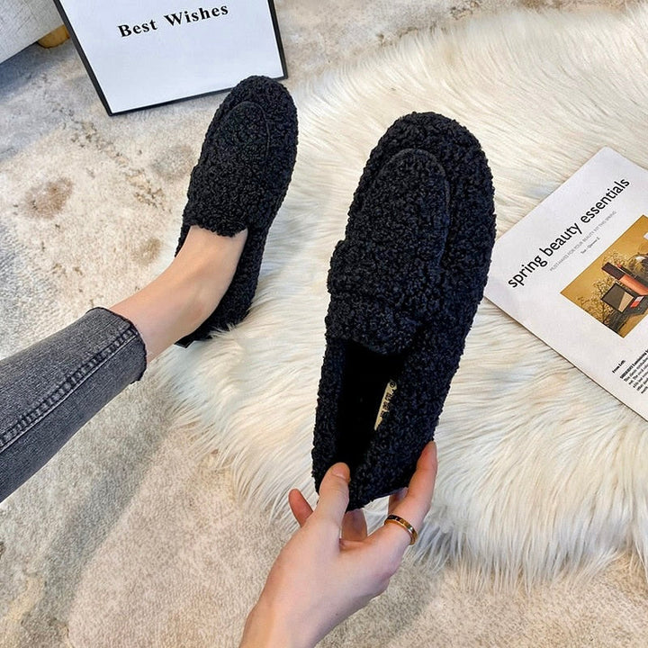 Comfortable Slippers for Women with Curly Faux Fur Upper Bow Detail Moccasin Slip On Style