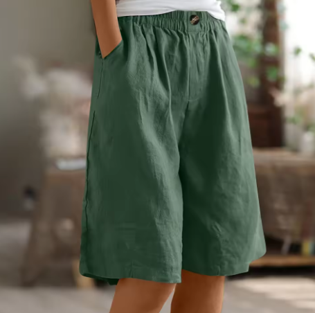 Effortless Olive Green Linen Shorts for Women with High Waist Wide Leg Relaxed Casual Style