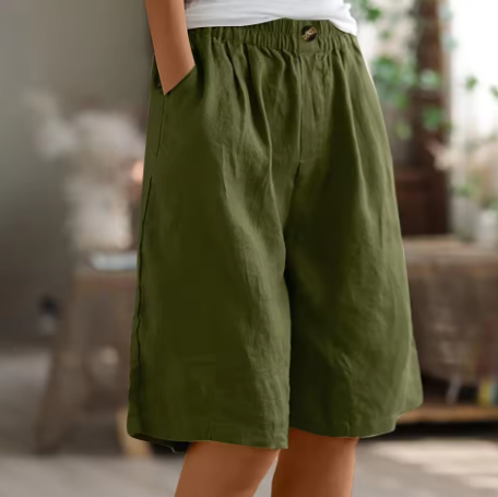 Effortless Olive Green Linen Shorts for Women with High Waist Wide Leg Relaxed Casual Style