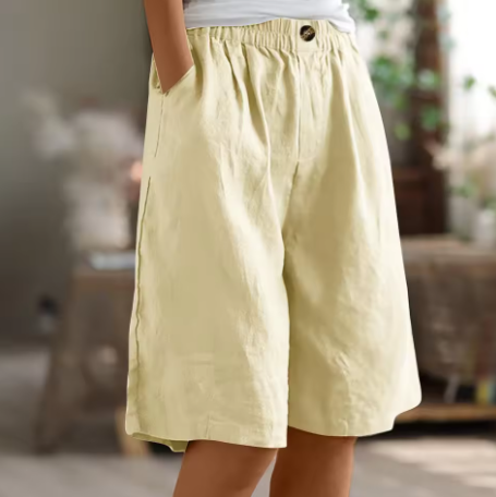 Effortless Olive Green Linen Shorts for Women with High Waist Wide Leg Relaxed Casual Style