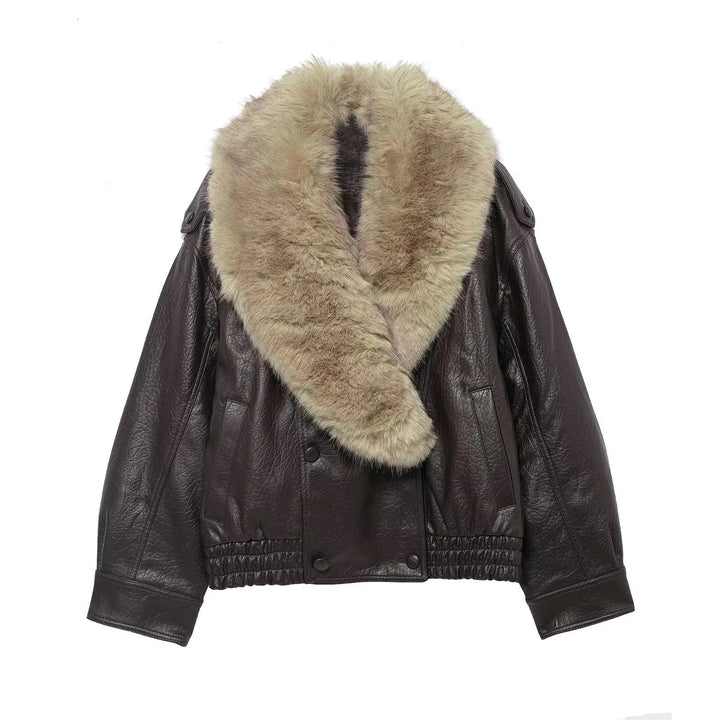 Elegant Faux Fur Collar Leather Jacket for Women with Long Sleeve Oversized Snap Button Style