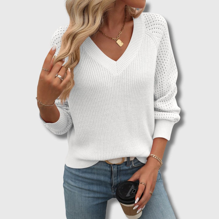 Comfortable Crochet Knit Sweater for Women with V Neck Long Sleeve Relaxed Oversized Style