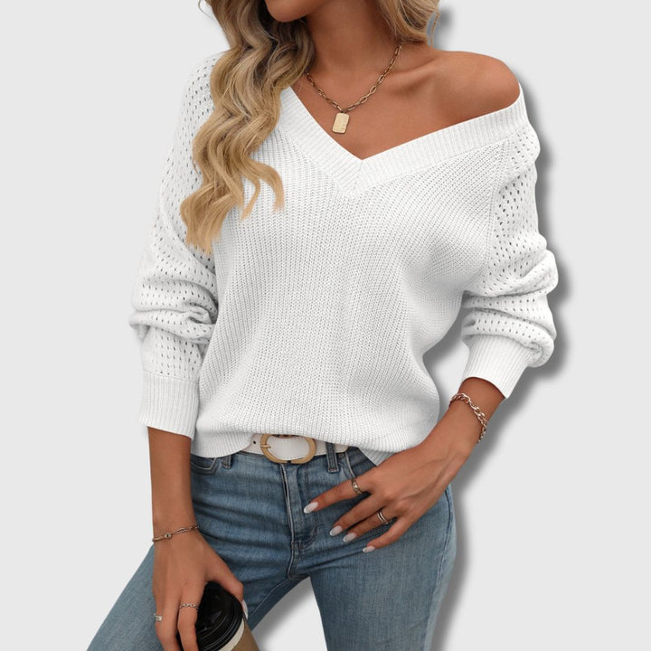 Comfortable Crochet Knit Sweater for Women with V Neck Long Sleeve Relaxed Oversized Style