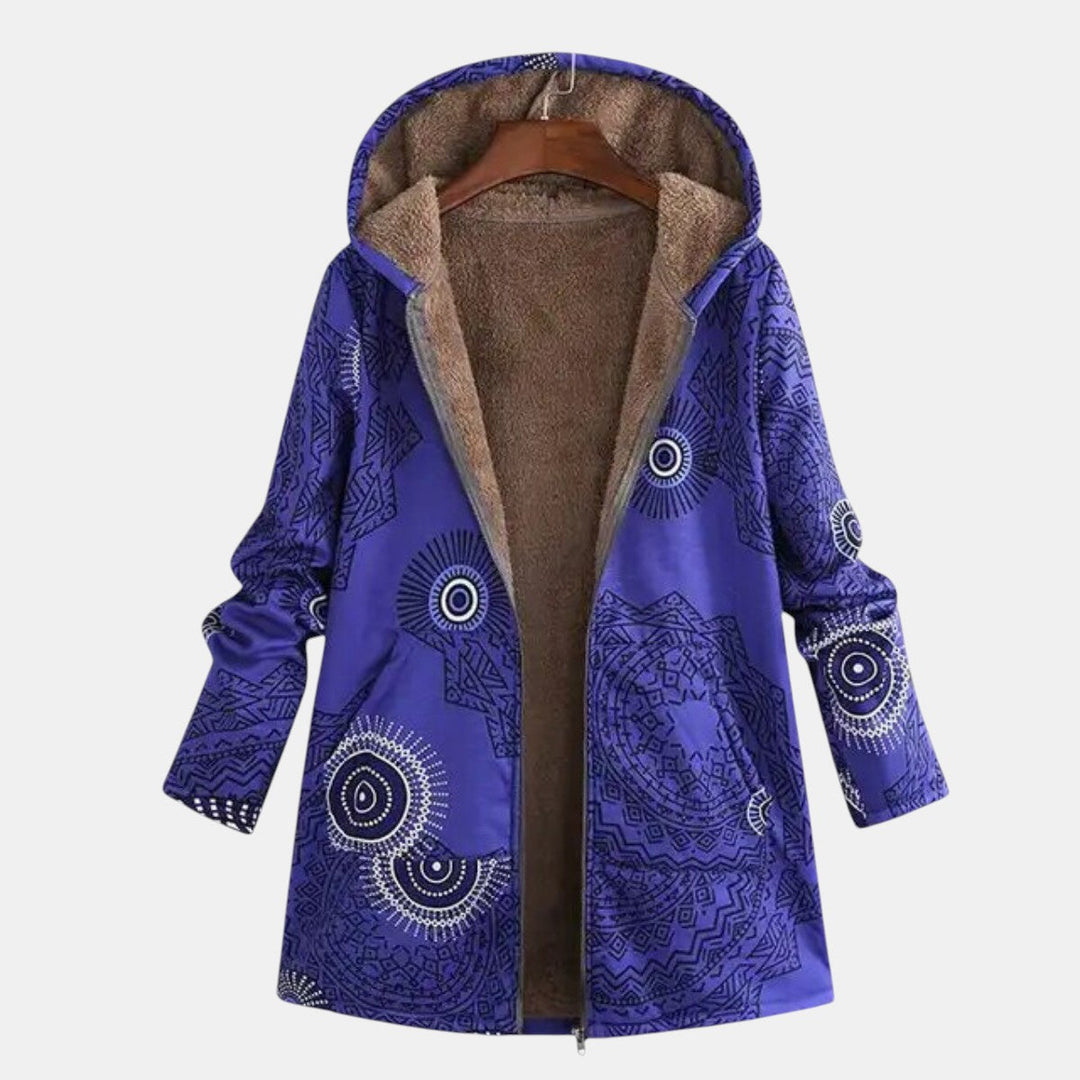 Elegant Blue Tribal Print Hooded Coat for Women with Sherpa Lined Long Sleeve Zip Front Relaxed Style