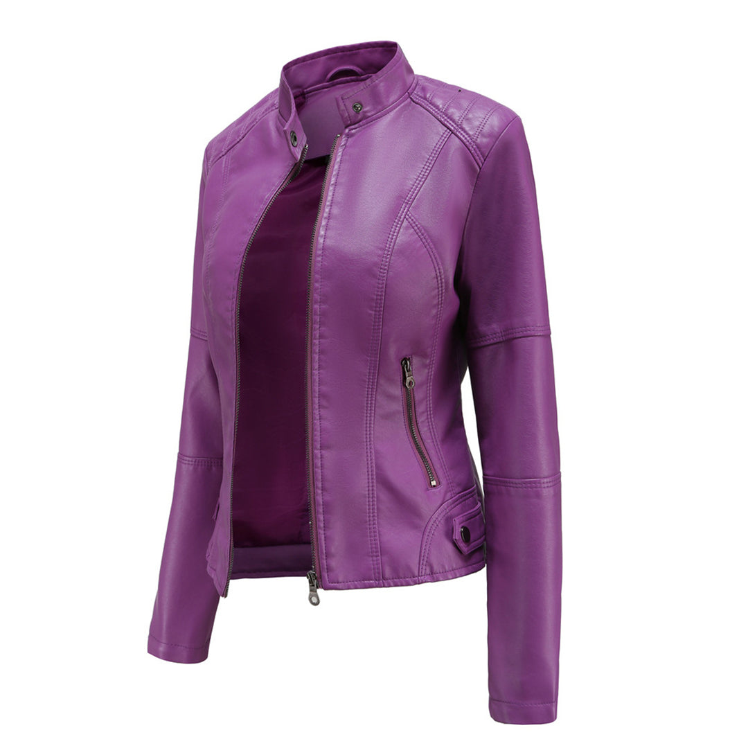 Effortless Faux Leather Biker Jacket for Women with Stand Collar Long Sleeve Cropped Zip Front Style