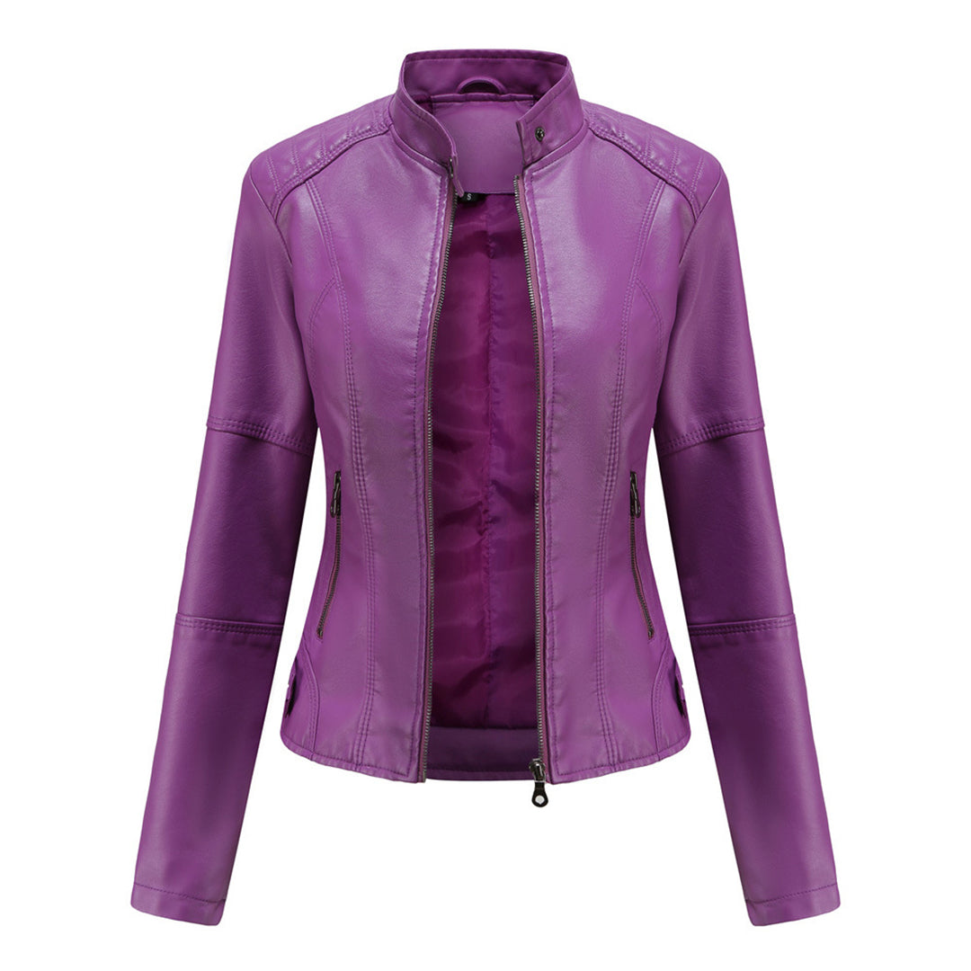 Effortless Faux Leather Biker Jacket for Women with Stand Collar Long Sleeve Cropped Zip Front Style