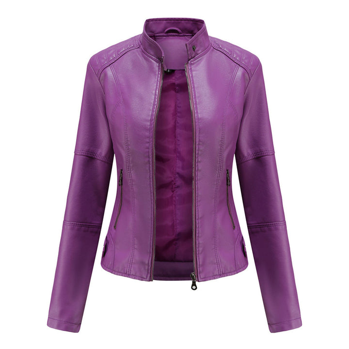 Effortless Faux Leather Biker Jacket for Women with Stand Collar Long Sleeve Cropped Zip Front Style