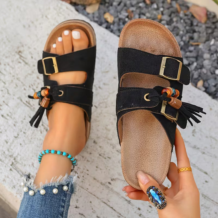 Comfortable Slide Sandals for Women with Tassel Detail Buckle Strap Contoured Footbed Open Toe Style