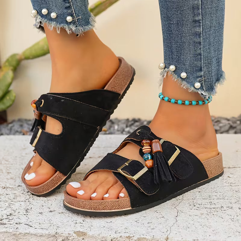 Comfortable Slide Sandals for Women with Tassel Detail Buckle Strap Contoured Footbed Open Toe Style