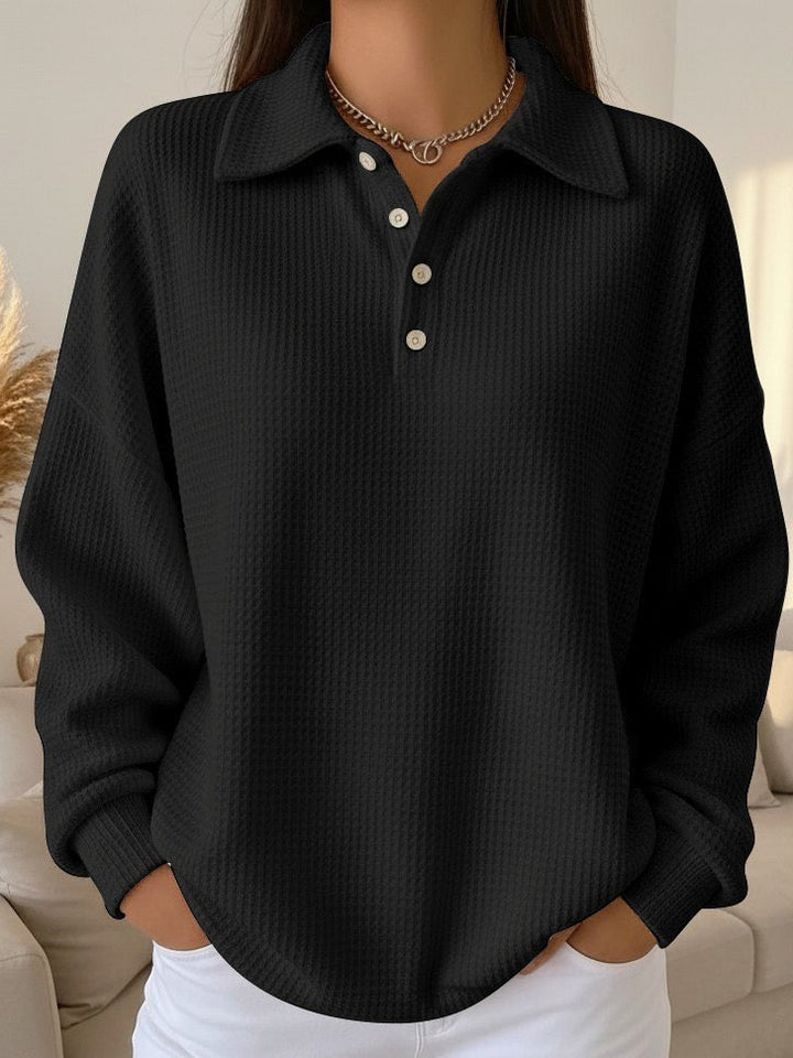 Comfortable Waffle Knit Polo Sweater for Women with Collar Long Sleeve Button Front Oversized Relaxed Style