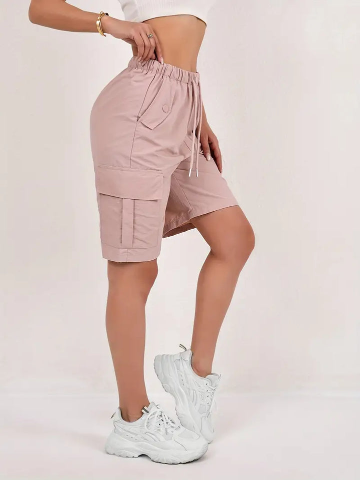 Effortless Pink Cargo Shorts for Women with High Waist Drawstring Flap Pocket Relaxed Style