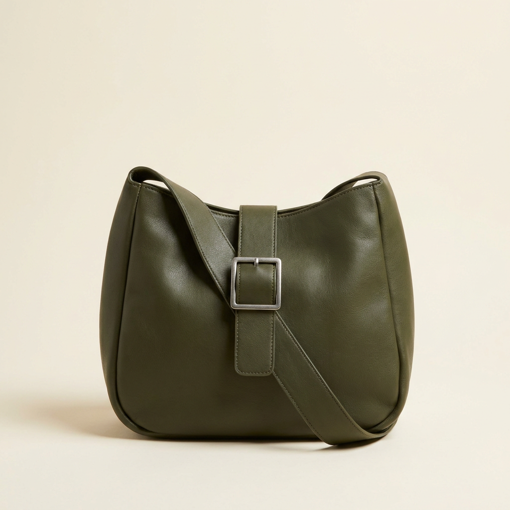 Beatrice buckle shoulder bag in deep olive green against a cream studio backdrop