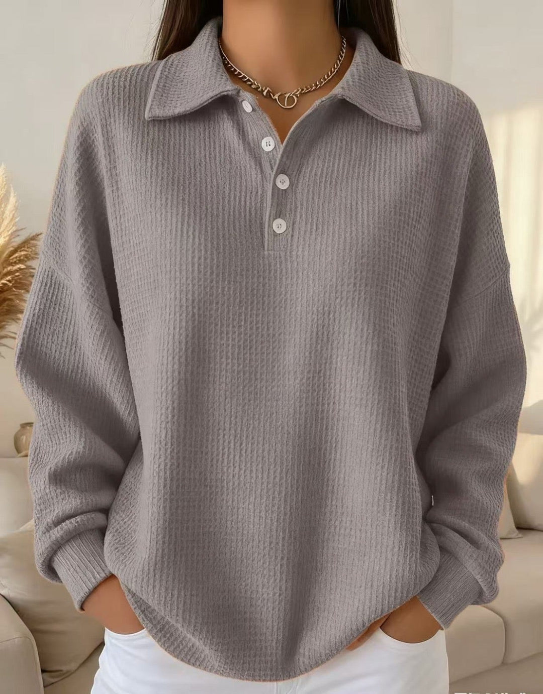 Comfortable Waffle Knit Polo Sweater for Women with Collar Long Sleeve Button Front Oversized Relaxed Style