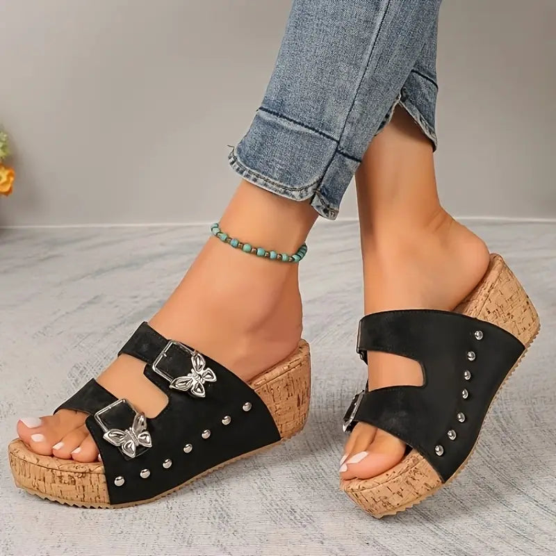 Comfortable Black Wedge Sandals for Women with Buckle Strap Studded Detail Cork Platform Open Toe Style