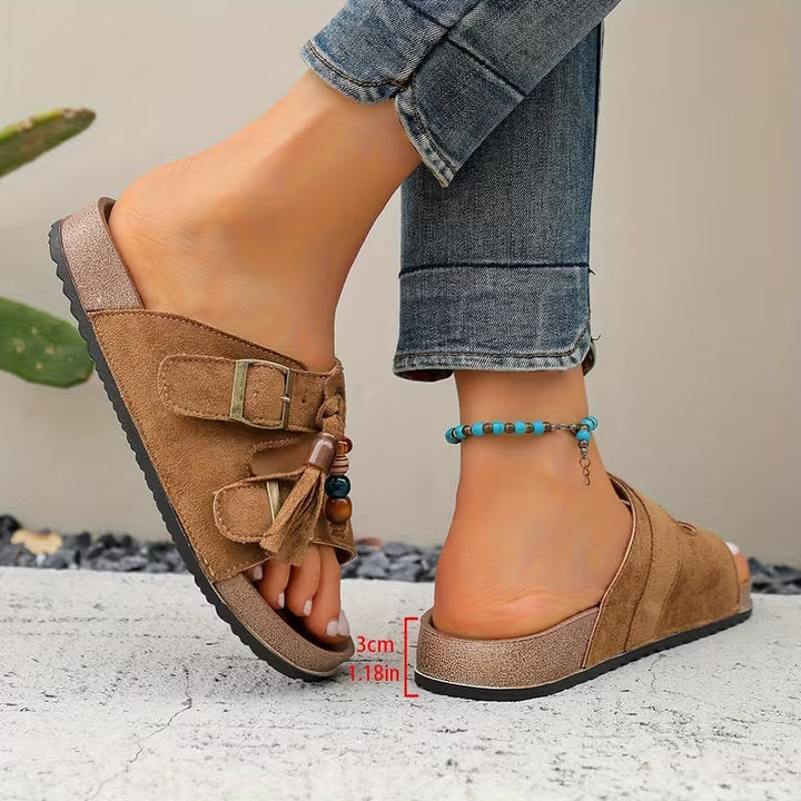 Comfortable Slide Sandals for Women with Tassel Detail Buckle Strap Contoured Footbed Open Toe Style