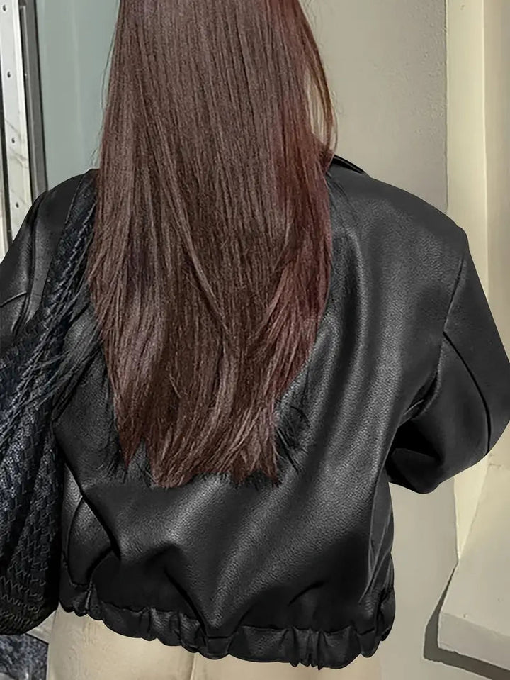 Elegant Faux Leather Jacket for Women with Collar Long Sleeve Oversized Cropped Style