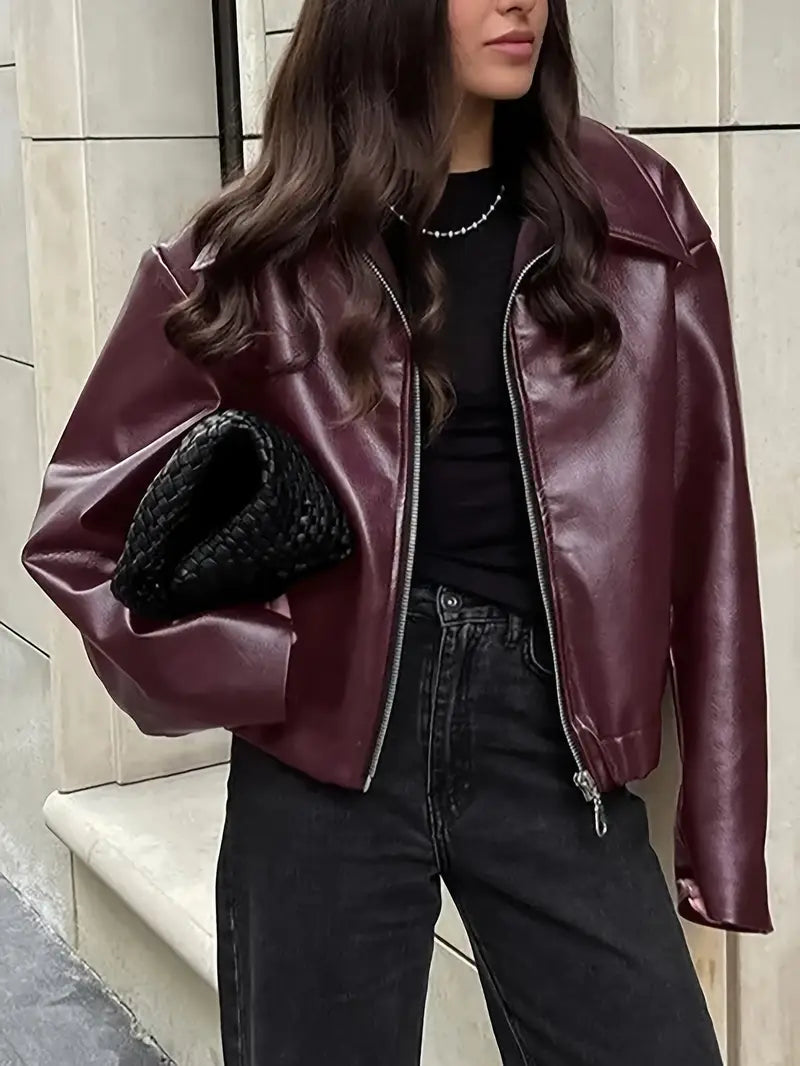 Elegant Faux Leather Jacket for Women with Collar Long Sleeve Oversized Cropped Style