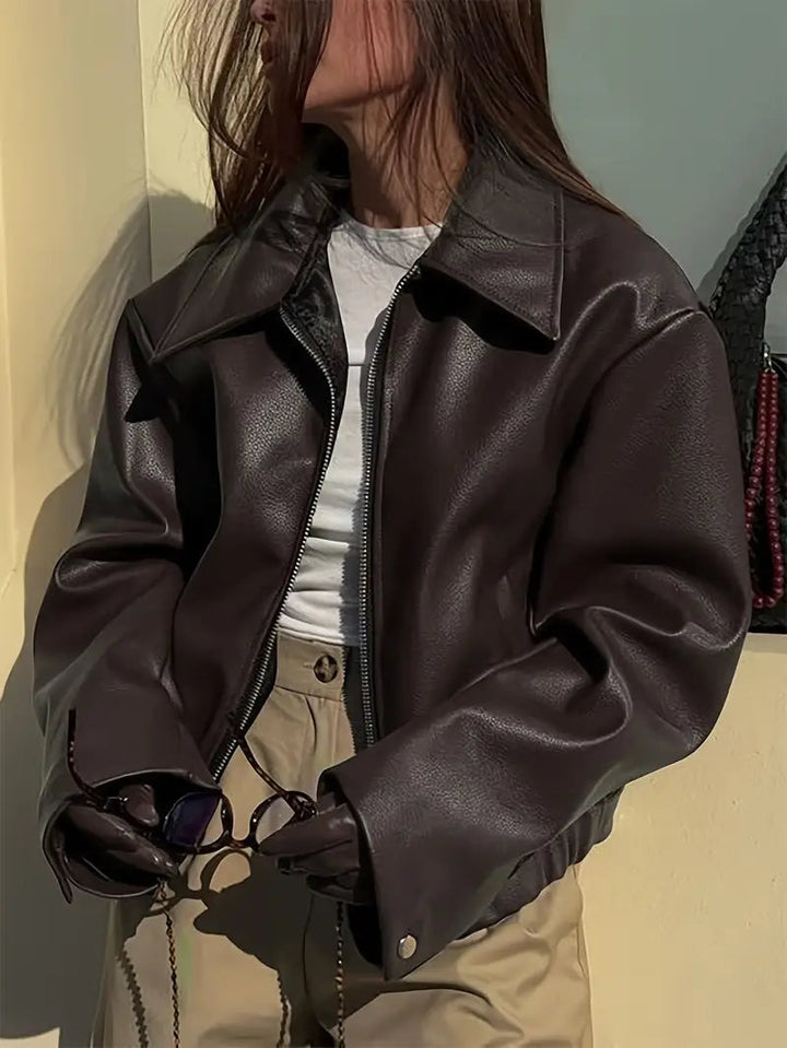 Elegant Faux Leather Jacket for Women with Collar Long Sleeve Oversized Cropped Style
