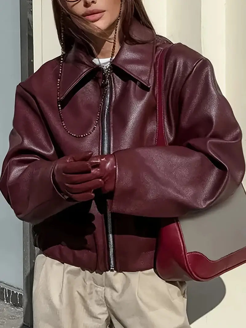 Elegant Faux Leather Jacket for Women with Collar Long Sleeve Oversized Cropped Style