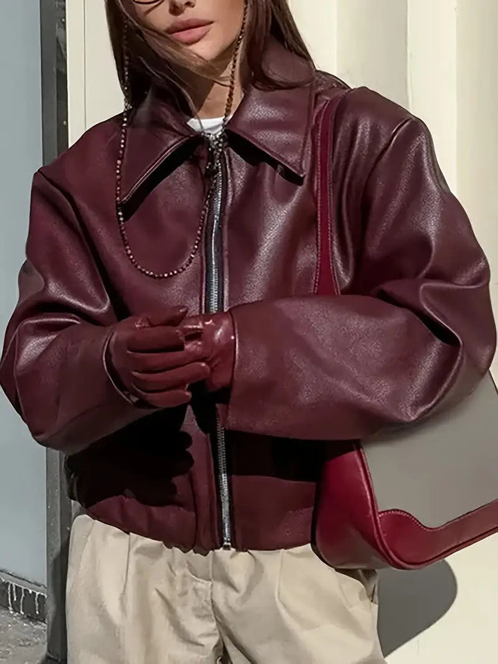 Elegant Faux Leather Jacket for Women with Collar Long Sleeve Oversized Cropped Style