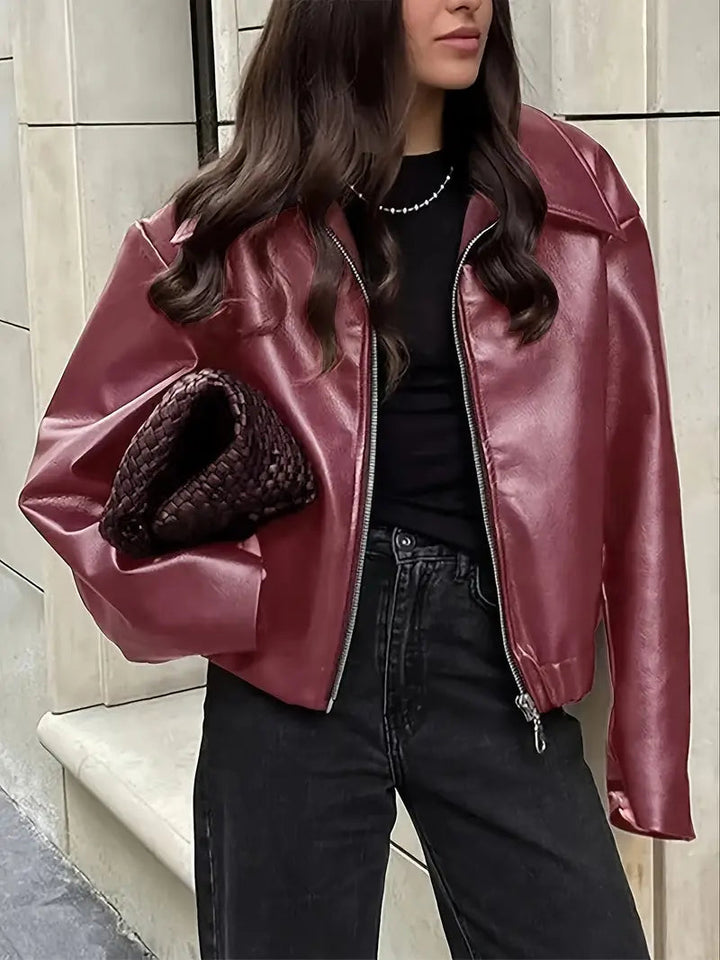 Elegant Faux Leather Jacket for Women with Collar Long Sleeve Oversized Cropped Style