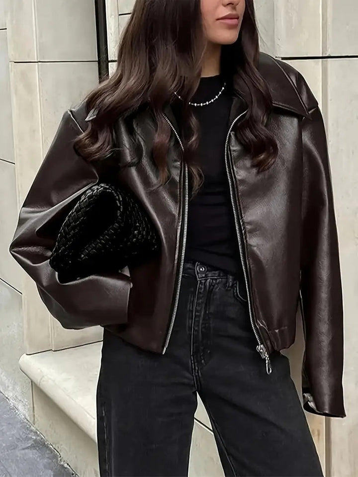 Elegant Faux Leather Jacket for Women with Collar Long Sleeve Oversized Cropped Style