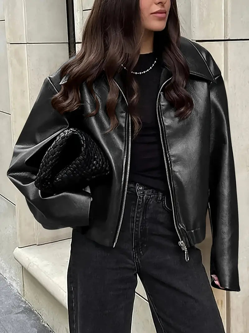 Elegant Faux Leather Jacket for Women with Collar Long Sleeve Oversized Cropped Style