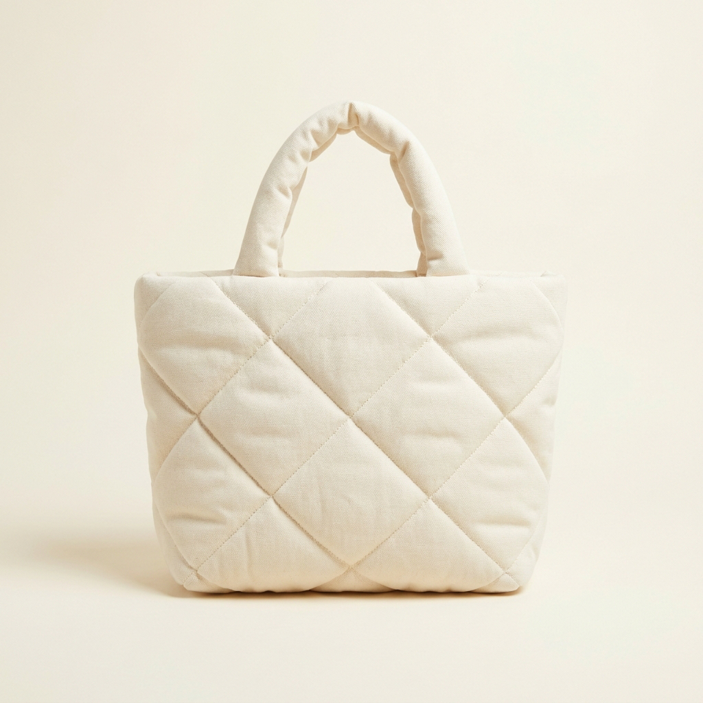 Colette quilted everyday tote in soft cream with diamond stitching, against a cream studio backdrop