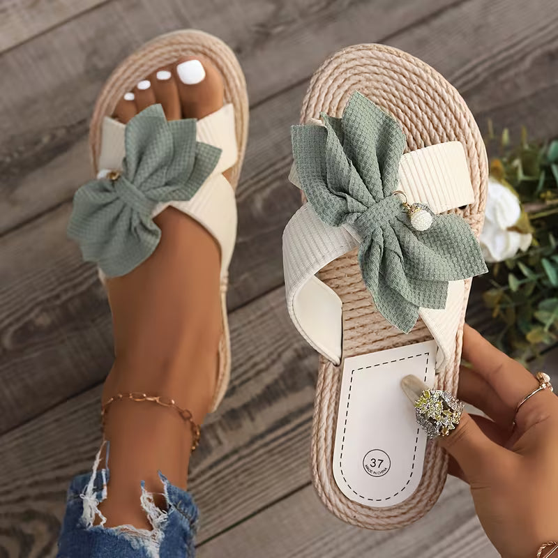 Comfortable Flat Sandals for Women with Bow Detail Crossover Strap Espadrille Trim Open Toe Style