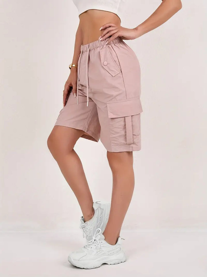 Effortless Pink Cargo Shorts for Women with High Waist Drawstring Flap Pocket Relaxed Style