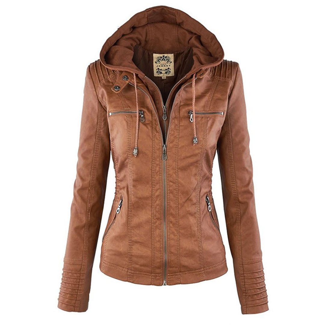 Elegant Faux Leather Moto Jacket for Women with Hooded Long Sleeve Quilted Detail Casual Style