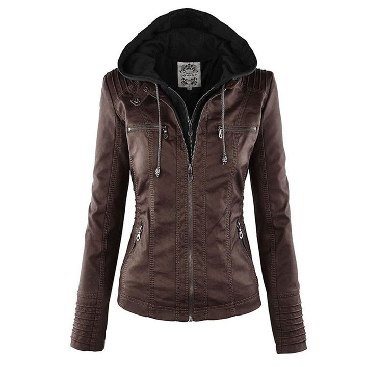 Elegant Faux Leather Moto Jacket for Women with Hooded Long Sleeve Quilted Detail Casual Style