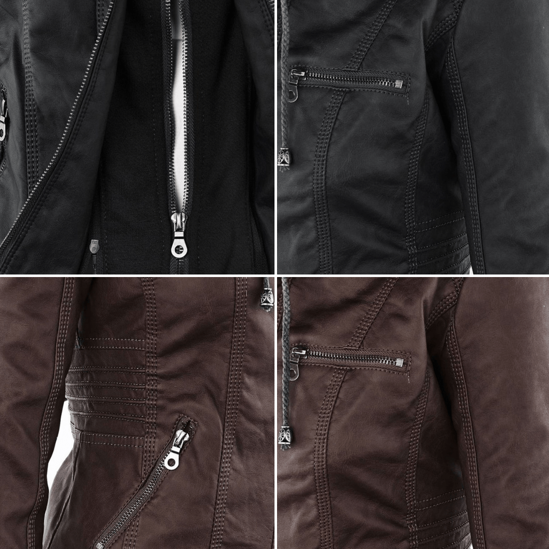 Elegant Faux Leather Moto Jacket for Women with Hooded Long Sleeve Quilted Detail Casual Style
