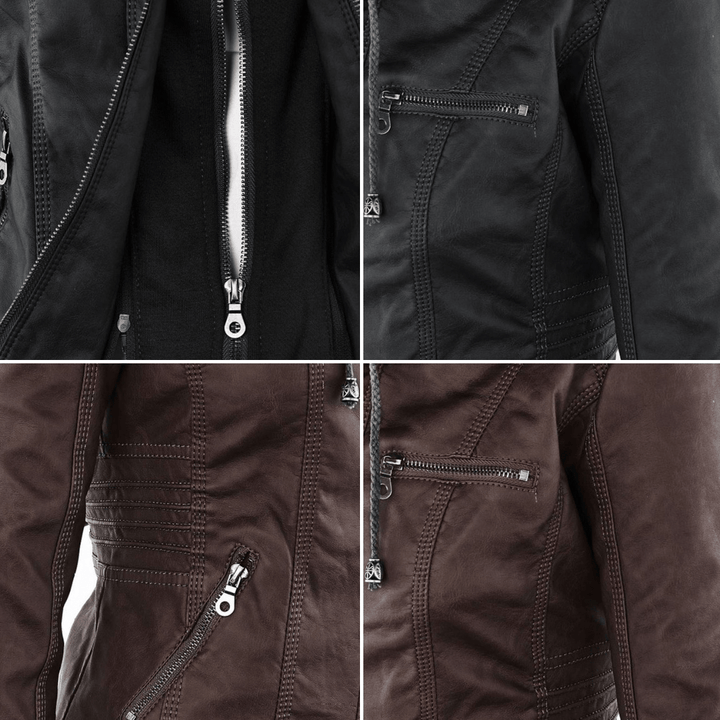 Elegant Faux Leather Moto Jacket for Women with Hooded Long Sleeve Quilted Detail Casual Style