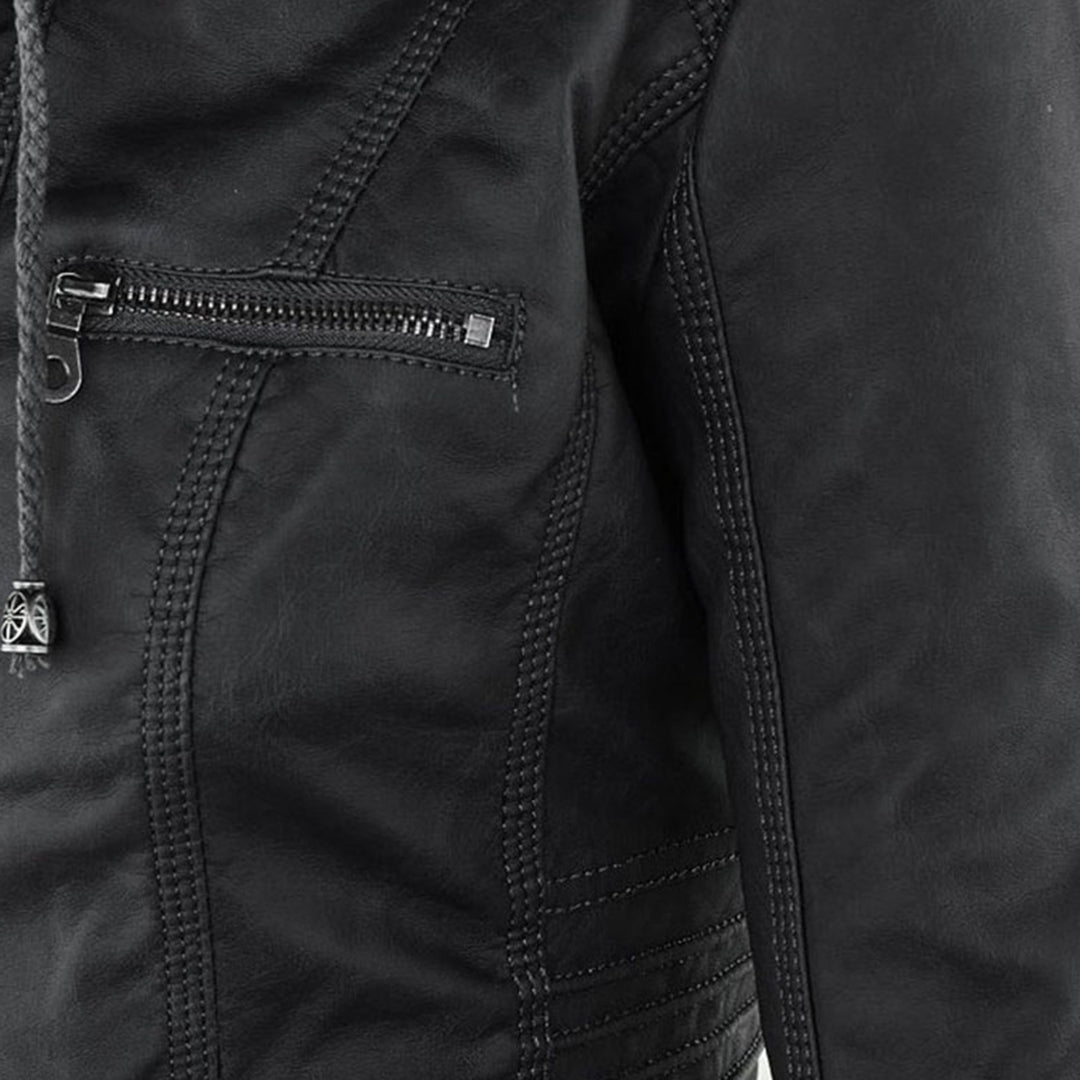 Elegant Faux Leather Moto Jacket for Women with Hooded Long Sleeve Quilted Detail Casual Style