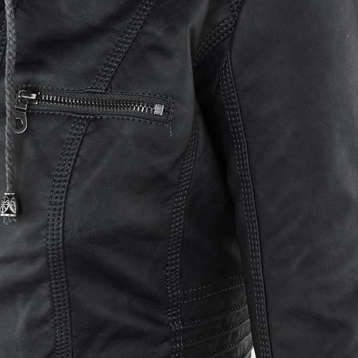 Elegant Faux Leather Moto Jacket for Women with Hooded Long Sleeve Quilted Detail Casual Style