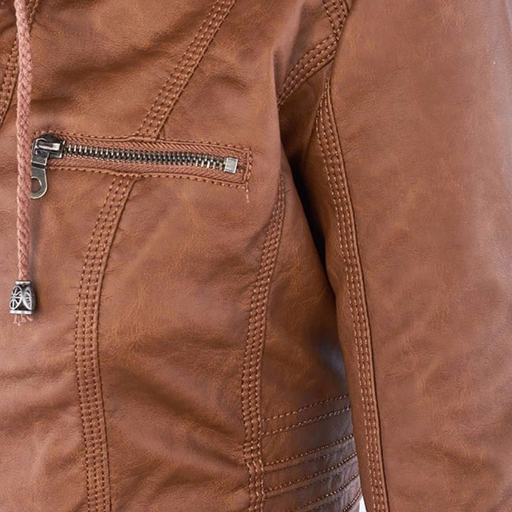Elegant Faux Leather Moto Jacket for Women with Hooded Long Sleeve Quilted Detail Casual Style