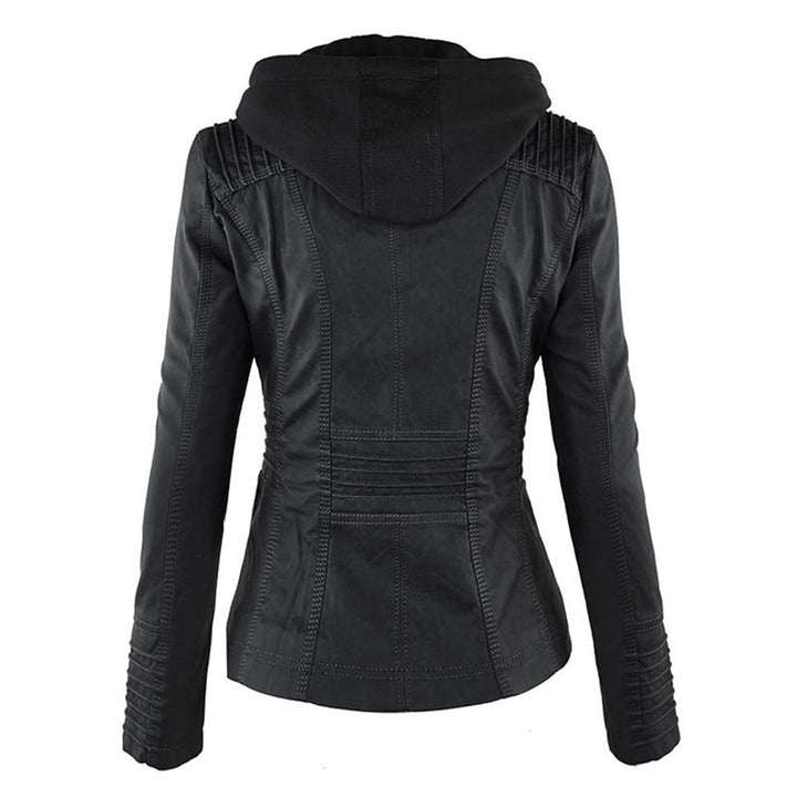 Elegant Faux Leather Moto Jacket for Women with Hooded Long Sleeve Quilted Detail Casual Style