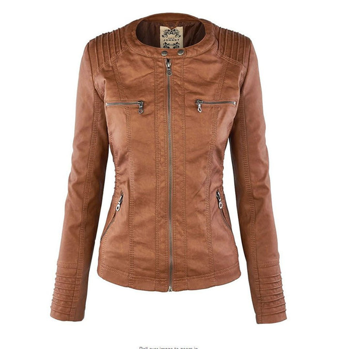 Elegant Faux Leather Moto Jacket for Women with Hooded Long Sleeve Quilted Detail Casual Style