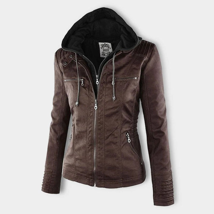 Elegant Faux Leather Moto Jacket for Women with Hooded Long Sleeve Quilted Detail Casual Style