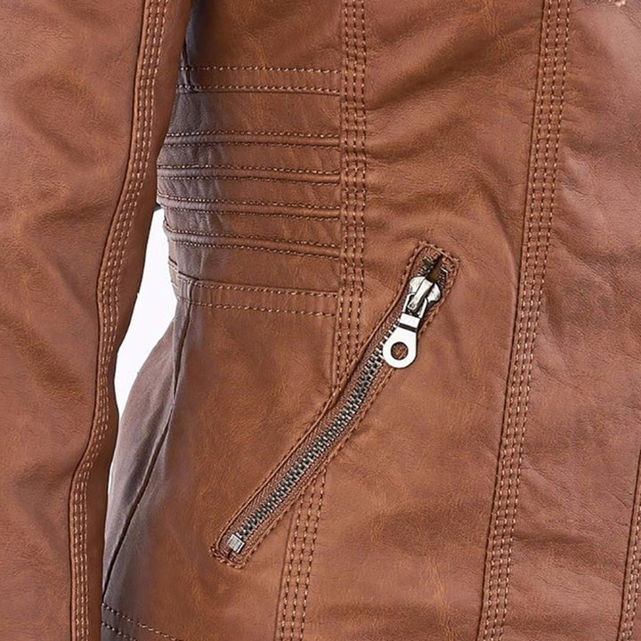 Elegant Faux Leather Moto Jacket for Women with Hooded Long Sleeve Quilted Detail Casual Style