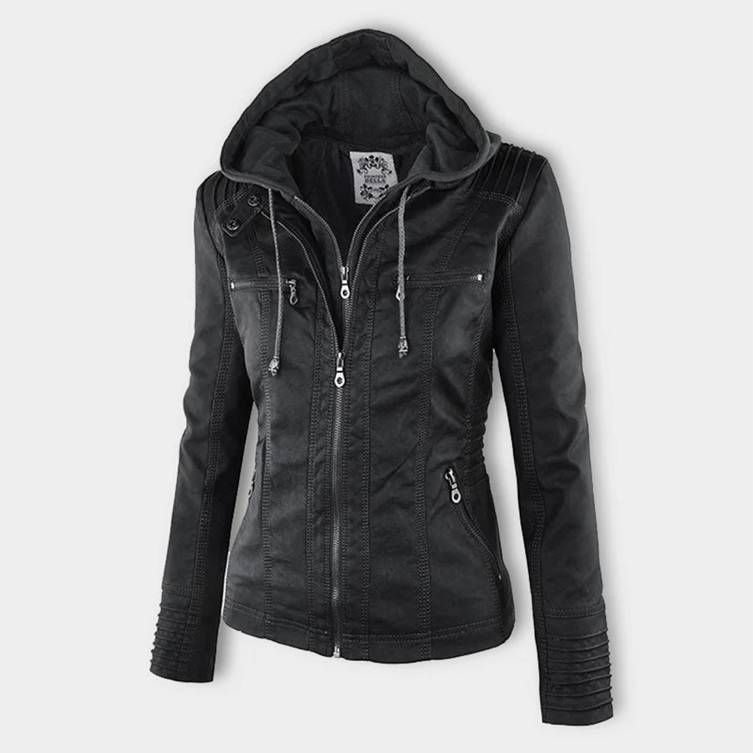 Elegant Faux Leather Moto Jacket for Women with Hooded Long Sleeve Quilted Detail Casual Style