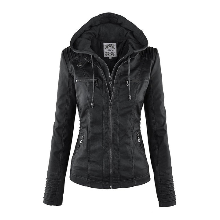 Elegant Faux Leather Moto Jacket for Women with Hooded Long Sleeve Quilted Detail Casual Style