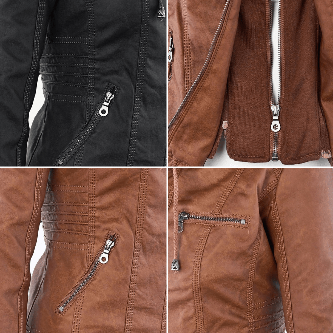 Elegant Faux Leather Moto Jacket for Women with Hooded Long Sleeve Quilted Detail Casual Style