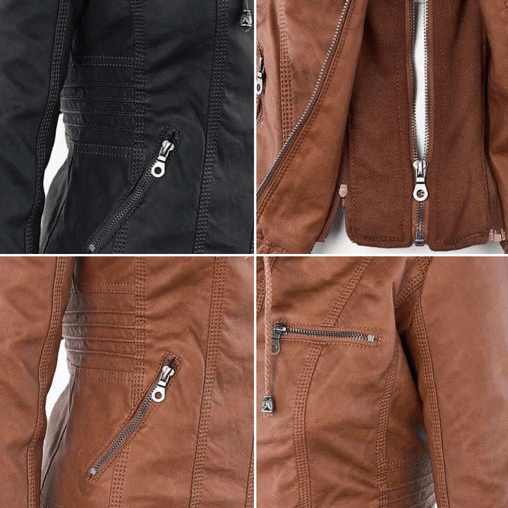 Elegant Faux Leather Moto Jacket for Women with Hooded Long Sleeve Quilted Detail Casual Style
