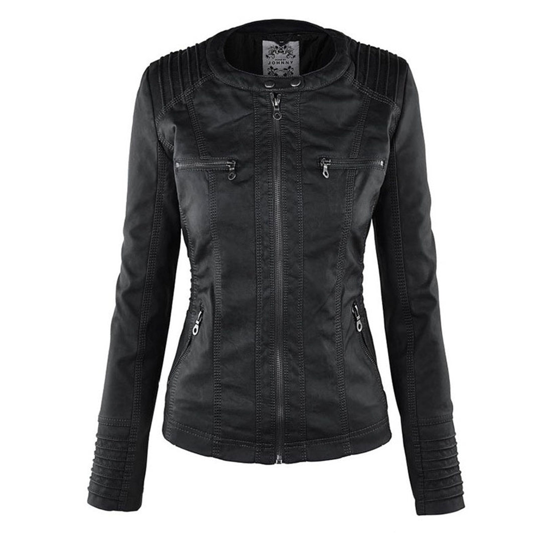 Elegant Faux Leather Moto Jacket for Women with Hooded Long Sleeve Quilted Detail Casual Style