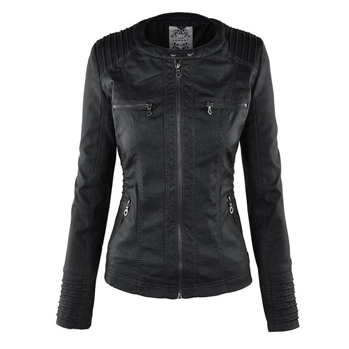 Elegant Faux Leather Moto Jacket for Women with Hooded Long Sleeve Quilted Detail Casual Style