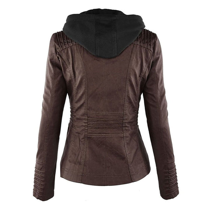 Elegant Faux Leather Moto Jacket for Women with Hooded Long Sleeve Quilted Detail Casual Style
